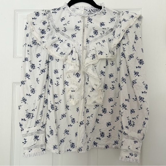 Andion White and Blue Ruffled Bib Lace Collar Blouse Floral - Picture 1 of 9